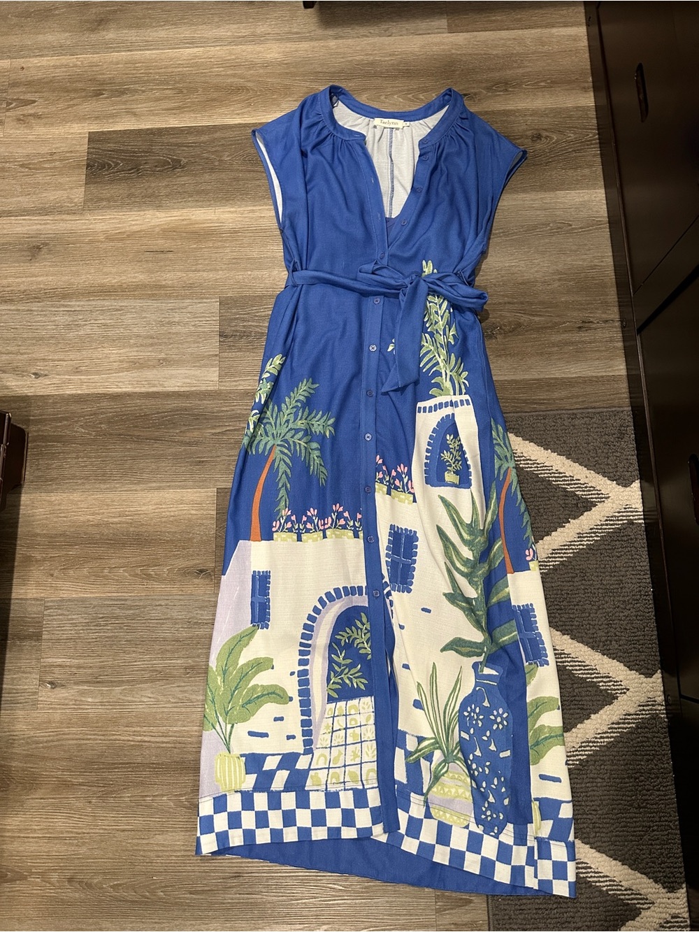 Sleeveless Blue Printed Midi Dress with Tie Waist